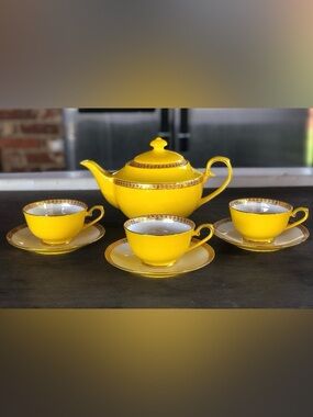 Rare Teavana Noble Poppy Yellow Bone China Tea Set 9 Pc 14k Gold